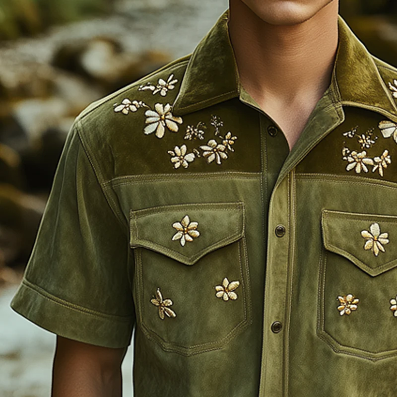 Fernando | Men'S Summer Floral Embroidery Colorblock Suede Short Sleeve Shirt - Image 4