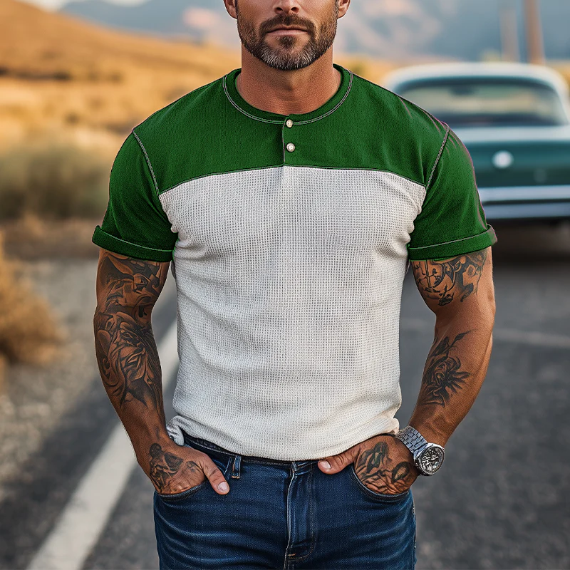 Fidel | Men'S Spring And Summer Casual Cotton Blend Splicing Waffle Henry Collar Short Sleeve T-Shirt - Image 3