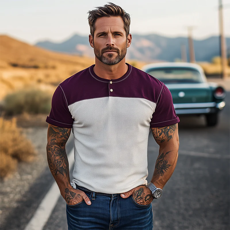 Fidel | Men'S Spring And Summer Casual Cotton Blend Splicing Waffle Henry Collar Short Sleeve T-Shirt - Image 5