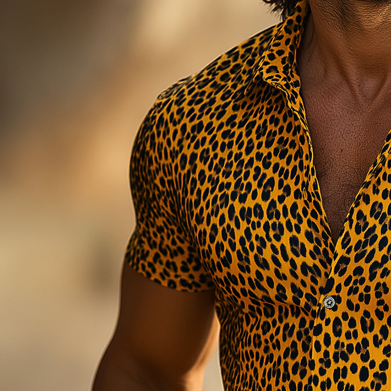 Fidel | Men'S Summer Leopard Print Cotton Blended Elastic Short Sleeve Polo Shirt - Image 3