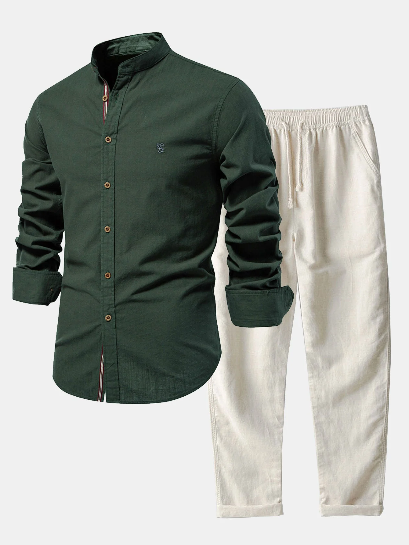 Florentino® | Long Sleeve Linen Look Stand Collar Shirt & Straight Leg Linen Pants - Image 19