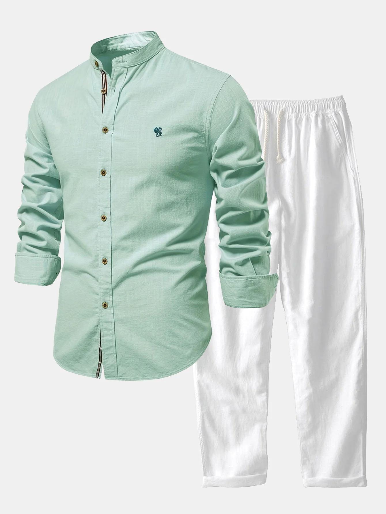 Florentino® | Long Sleeve Linen Look Stand Collar Shirt & Straight Leg Linen Pants - Image 21