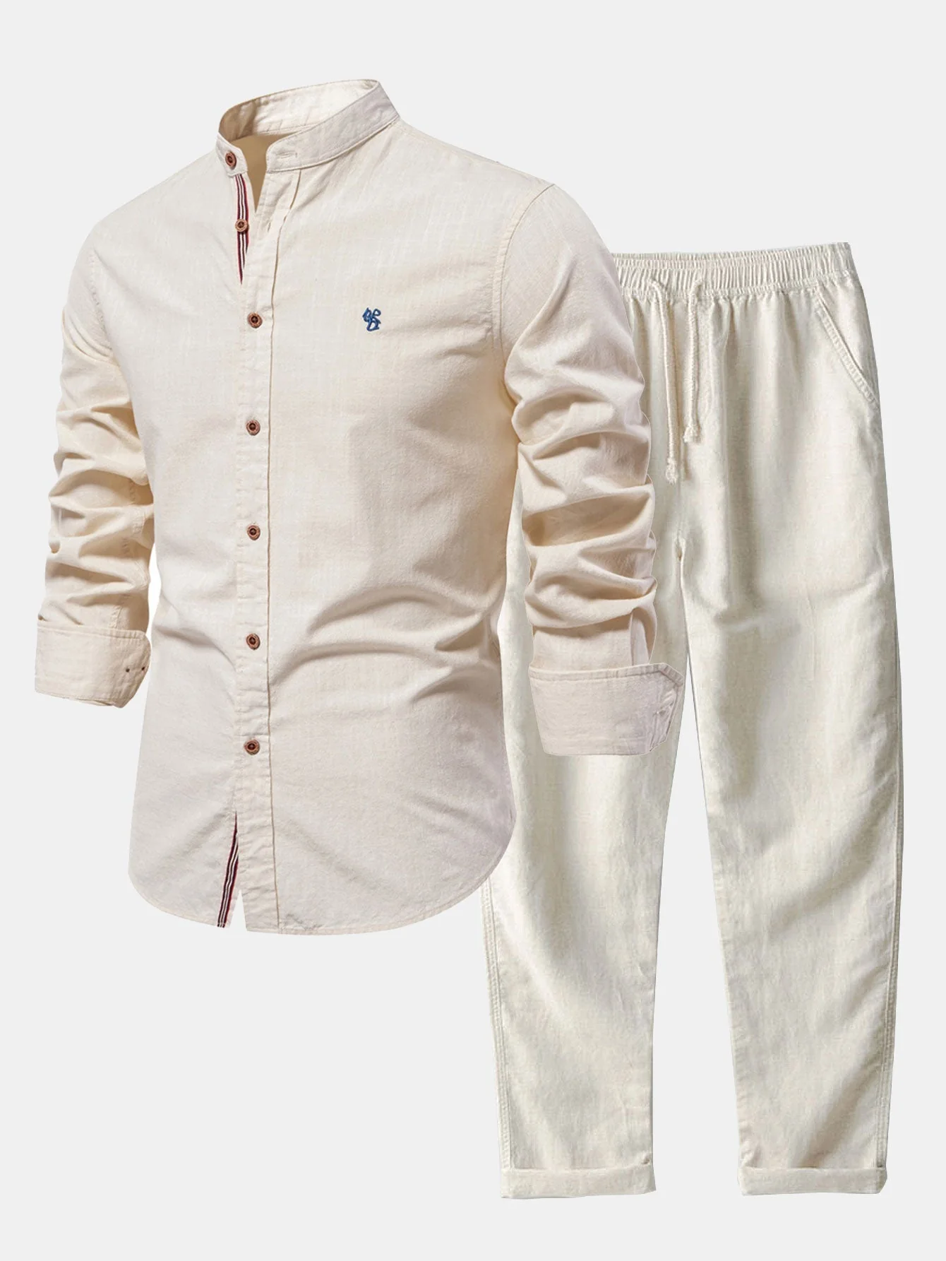 Florentino® | Long Sleeve Linen Look Stand Collar Shirt & Straight Leg Linen Pants - Image 22