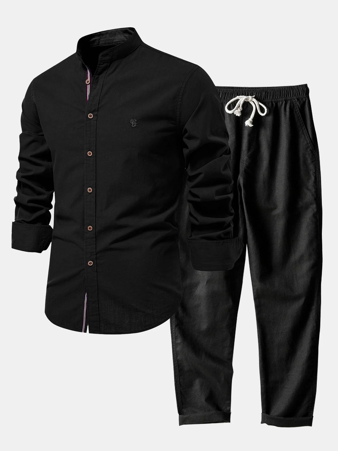 Florentino® | Long Sleeve Linen Look Stand Collar Shirt & Straight Leg Linen Pants - Image 24