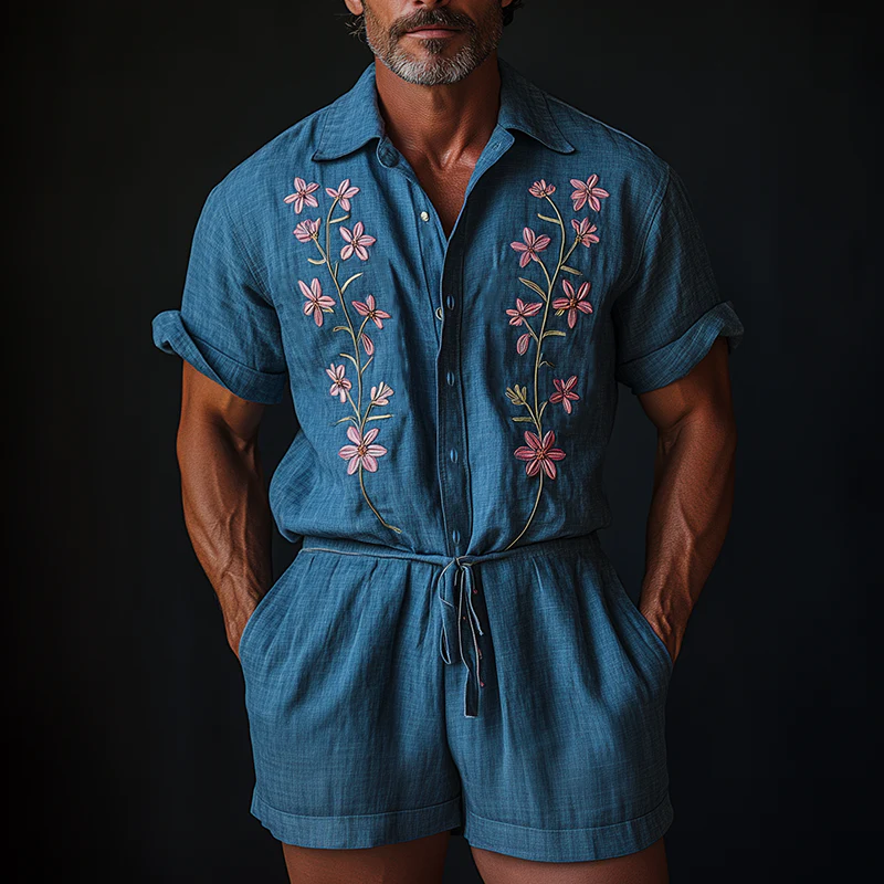 Forrest | Men'S Summer Fashion Embroidery Slub Cotton Short Sleeve Jumpsuit - Image 2