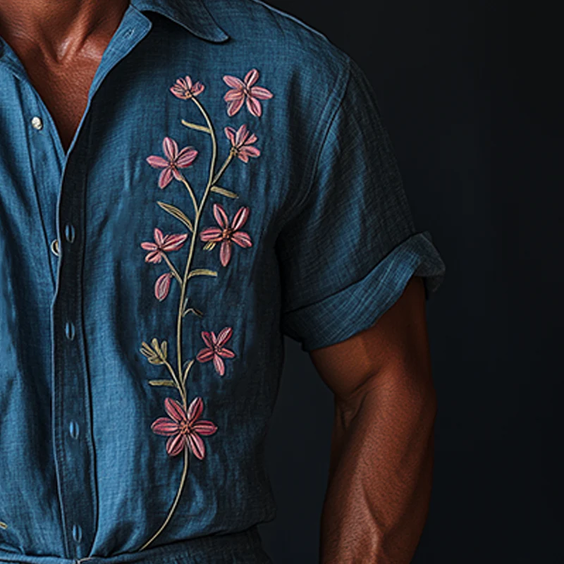 Forrest | Men'S Summer Fashion Embroidery Slub Cotton Short Sleeve Jumpsuit - Image 4