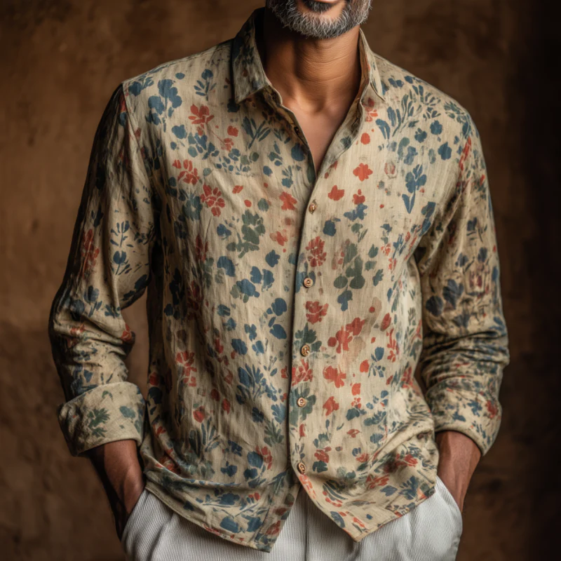 Forrest | Men'S Vintage Distressed Floral Print Lapel Slim Fit Long Sleeve Shirt - Image 2