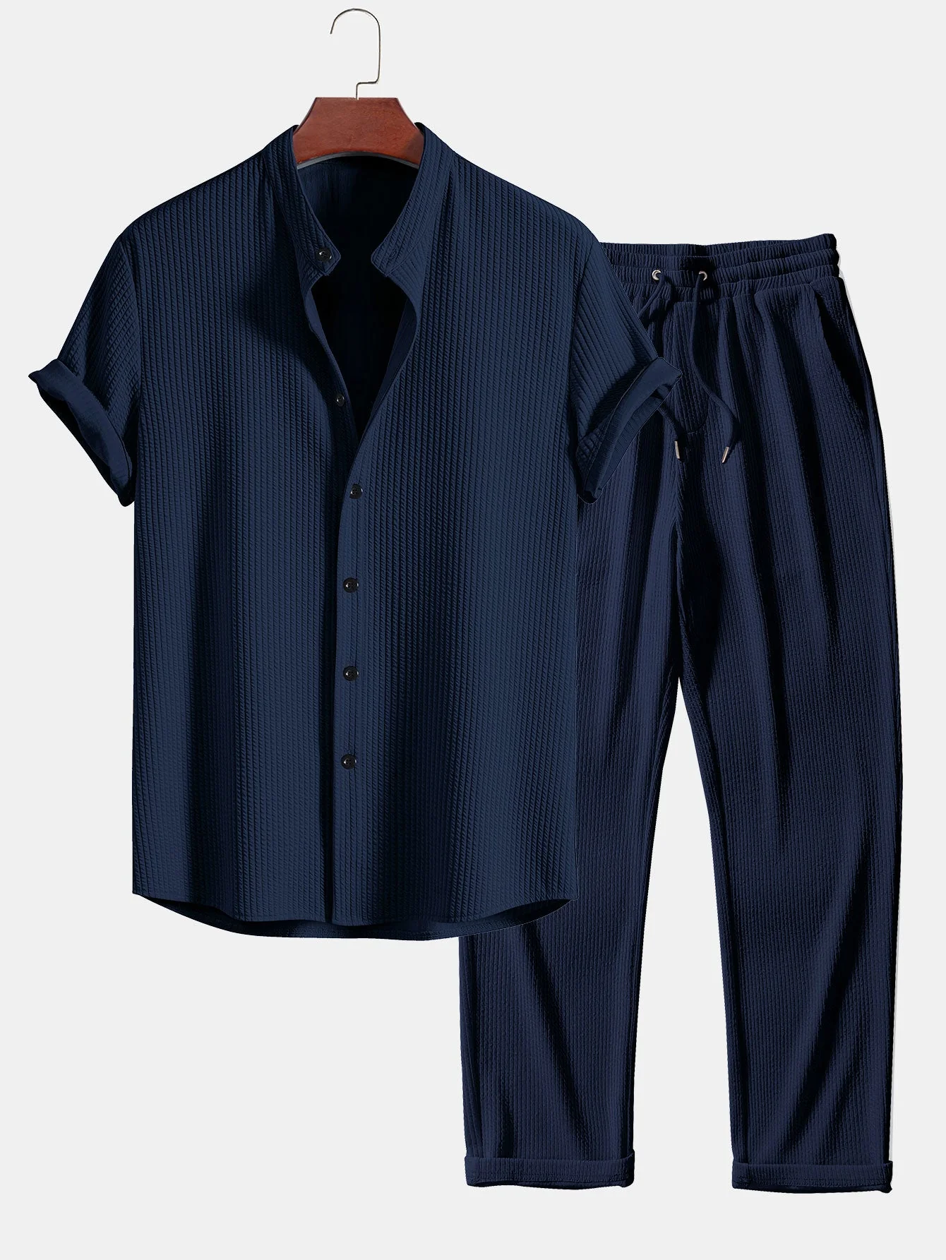 Francis® | Muscle Fit Ribbed Stand Collar Shirt & Straight Leg Ribbed Pants - Image 5