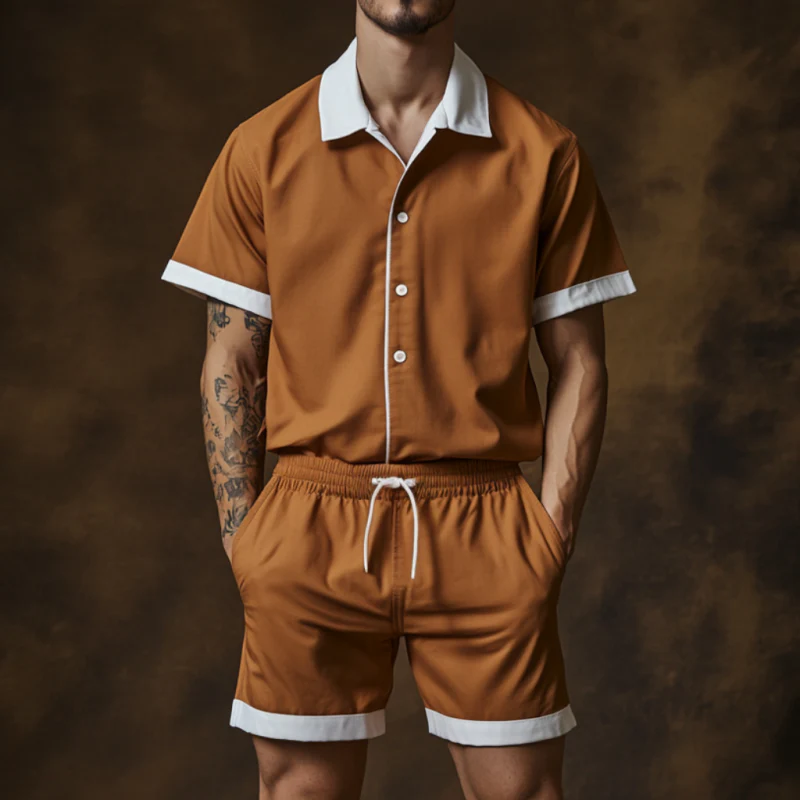 Francisco | Men'S Casual Cotton Blended Colorblock Lapel Loose Short Sleeve Shirt Elastic Waist Shorts Set - Image 3