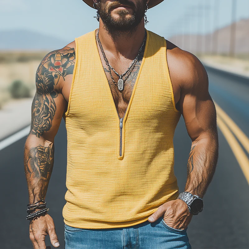 Francisco | Men'S Spring And Summer Casual Waffle Slim Zipper Deep V Neck Tank Top - Image 2