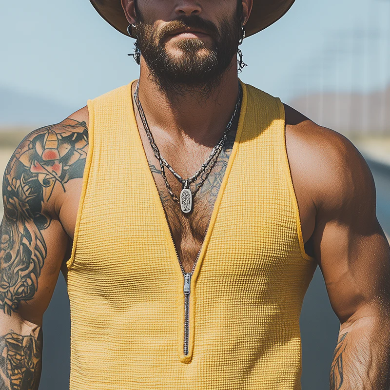 Francisco | Men'S Spring And Summer Casual Waffle Slim Zipper Deep V Neck Tank Top - Image 6