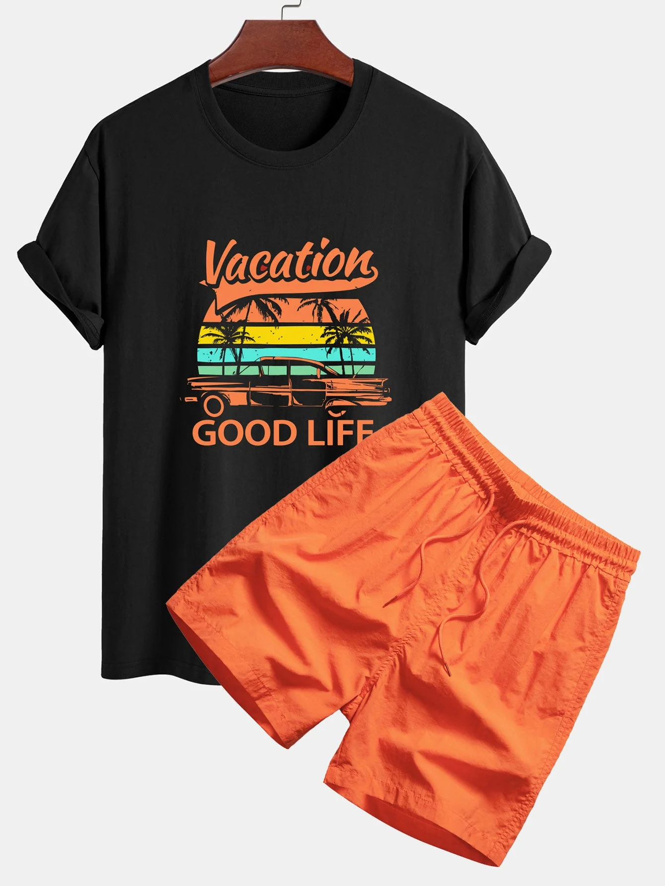 Fred® | Regular Fit Good Life On Vacation Print Cotton T-Shirt & Man Mid Length Drawstring Swim Shorts - Image 2