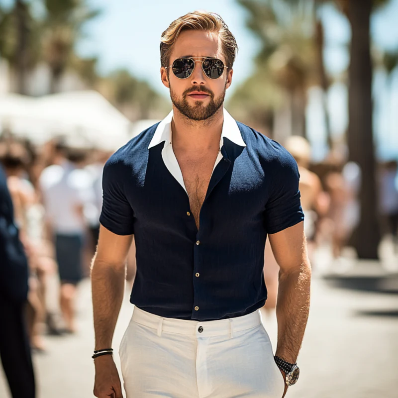Fred | Men'S Casual Breathable Cotton Contrast Patchwork Lapel Single-Breasted Slim Short-Sleeved Shirt - Image 4