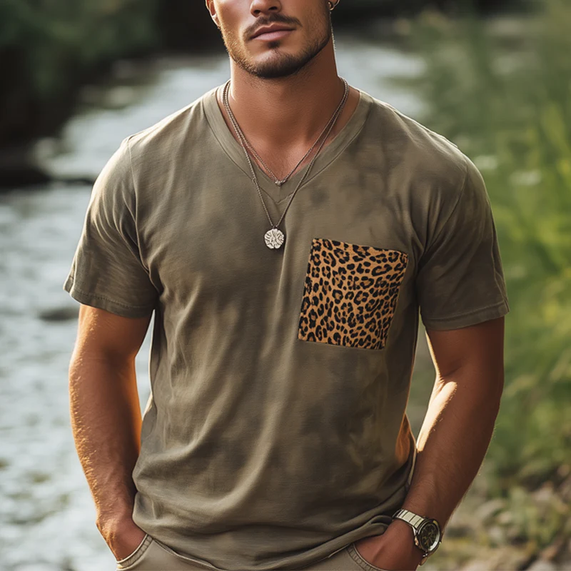 Fred | Men'S Retro V-Neck Leopard Print Pocket Stitching Short Sleeve T-Shirt - Image 2