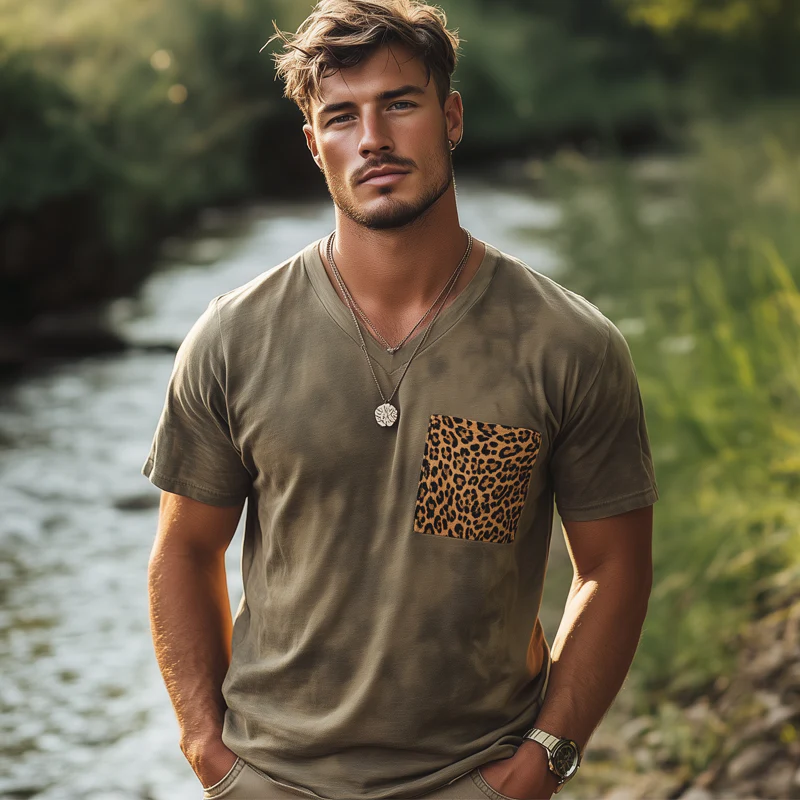 Fred | Men'S Retro V-Neck Leopard Print Pocket Stitching Short Sleeve T-Shirt - Image 3