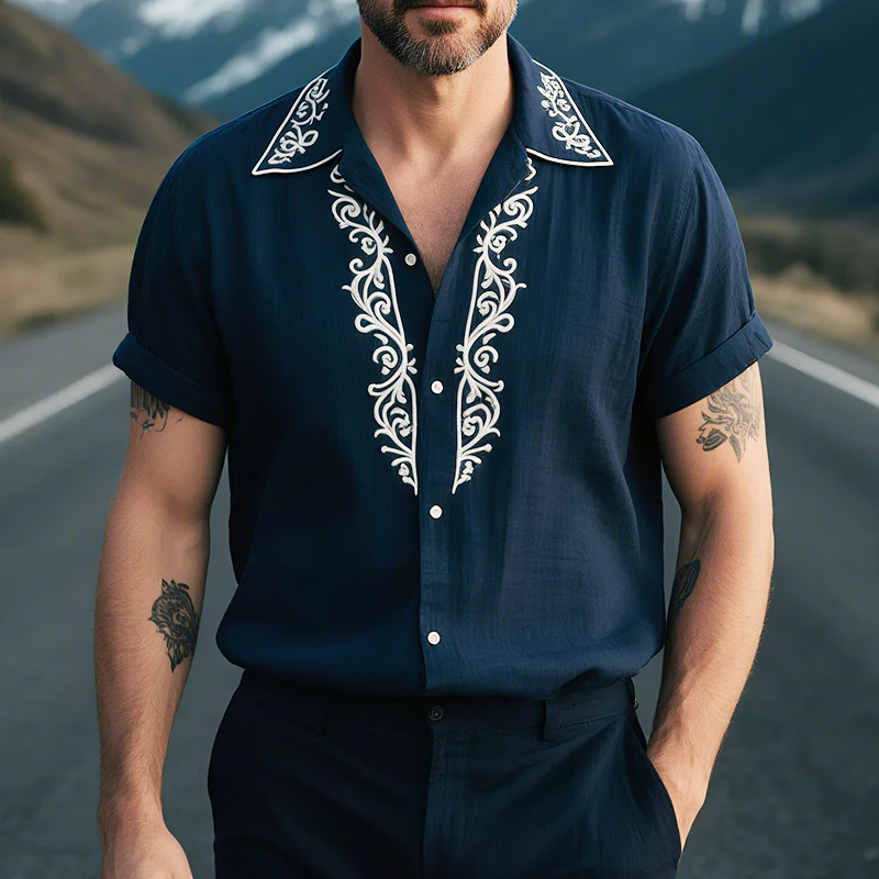 Frederick | Men'S Retro Casual Linen Palace Style Embroidered Lapel Short Sleeve Shirt - Image 2