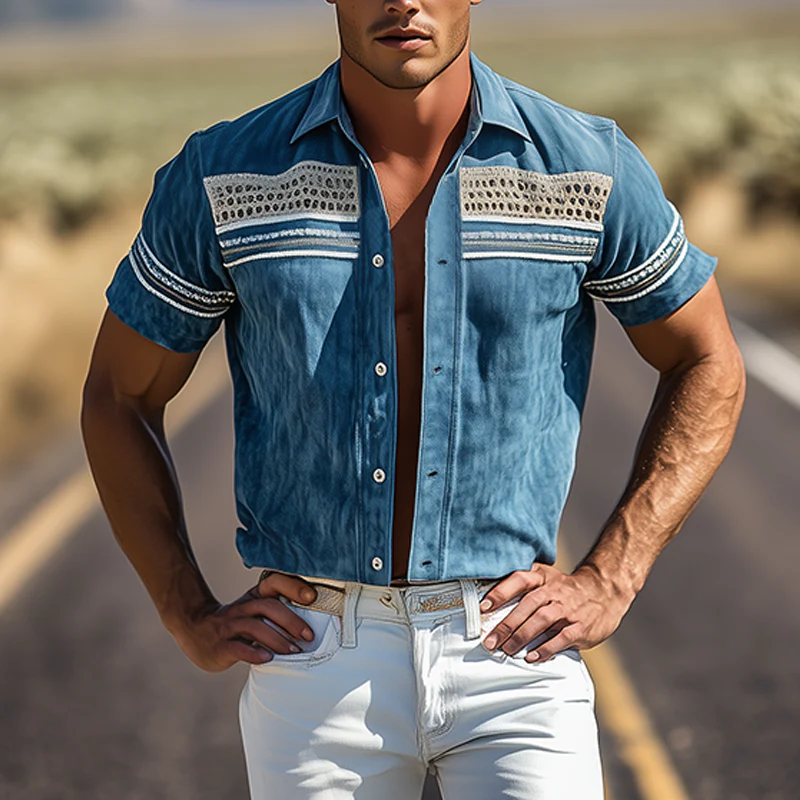 Gabe | Men'S Spring/Summer Suede Splicing Drop Mesh And Web Short Sleeve Shirt - Image 2
