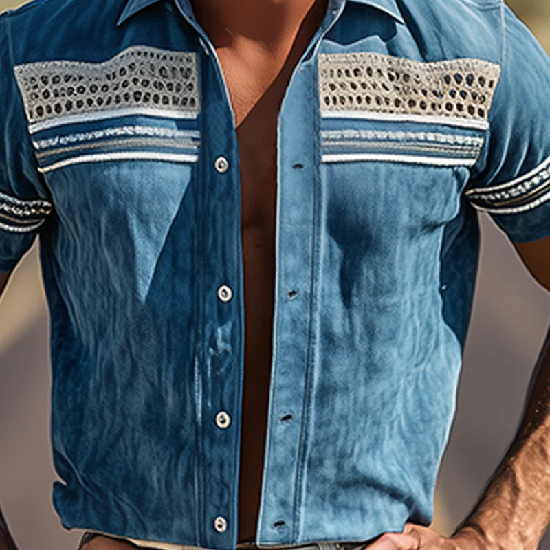 Gabe | Men'S Spring/Summer Suede Splicing Drop Mesh And Web Short Sleeve Shirt - Image 5