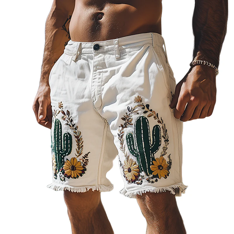 Gabe | Men'S Summer Fashion Italian Sicily Style Washed White Denim Embroidered Hem Casual Shorts
