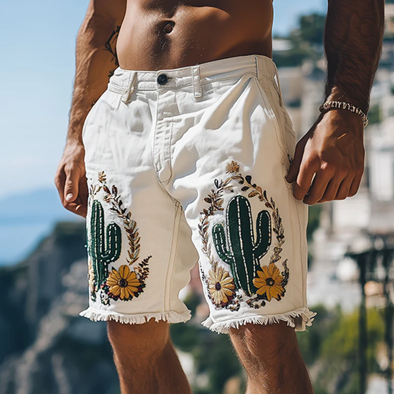 Gabe | Men'S Summer Fashion Italian Sicily Style Washed White Denim Embroidered Hem Casual Shorts - Image 2