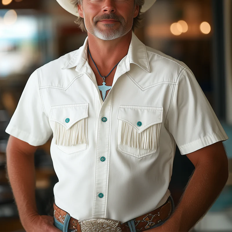 Gabe | Men'S Summer Western Cowboy Style Tassel Short Sleeve Shirt - Image 2