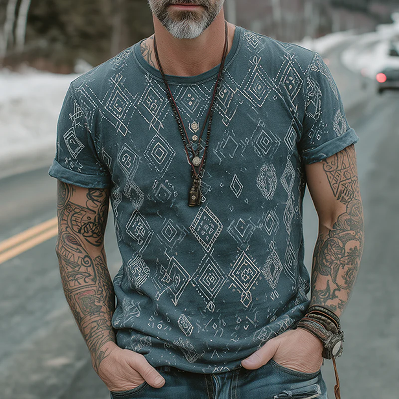 Gary | Men'S Retro Casual Ethnic Style Diamond Printed Round Neck Short Sleeve T-Shirt - Image 2