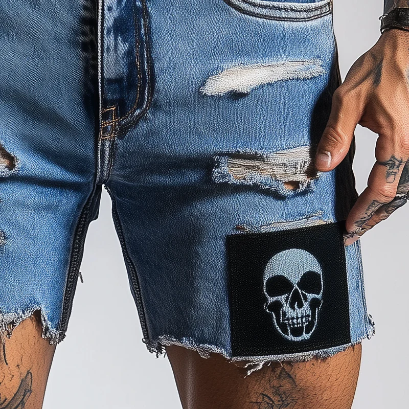 Gary | Men'S Skull Pattern Patchwork Ripped Denim Shorts - Image 2