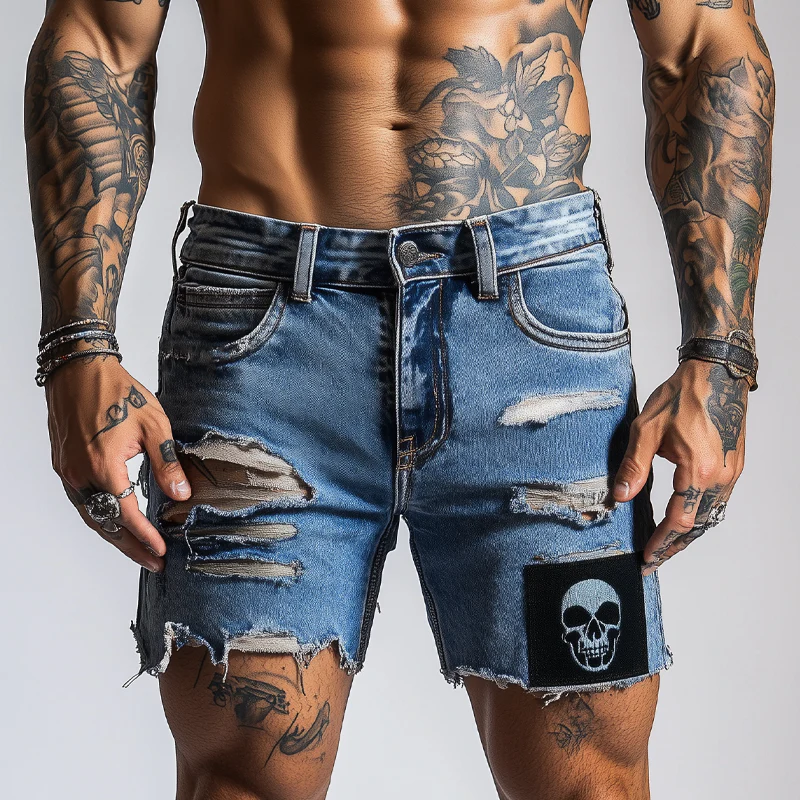 Gary | Men'S Skull Pattern Patchwork Ripped Denim Shorts - Image 3