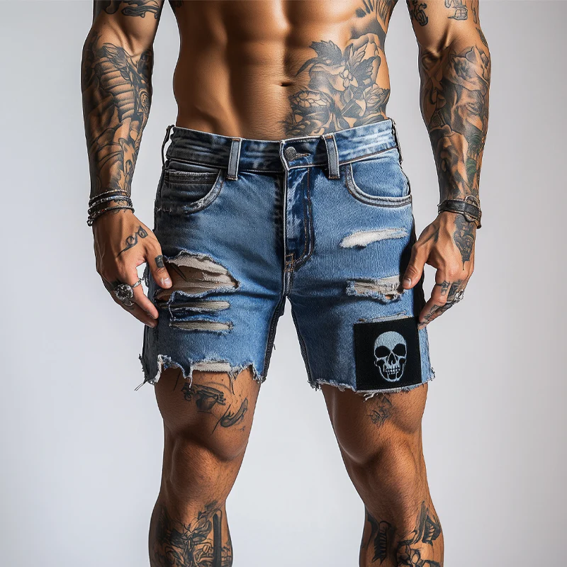 Gary | Men'S Skull Pattern Patchwork Ripped Denim Shorts - Image 4