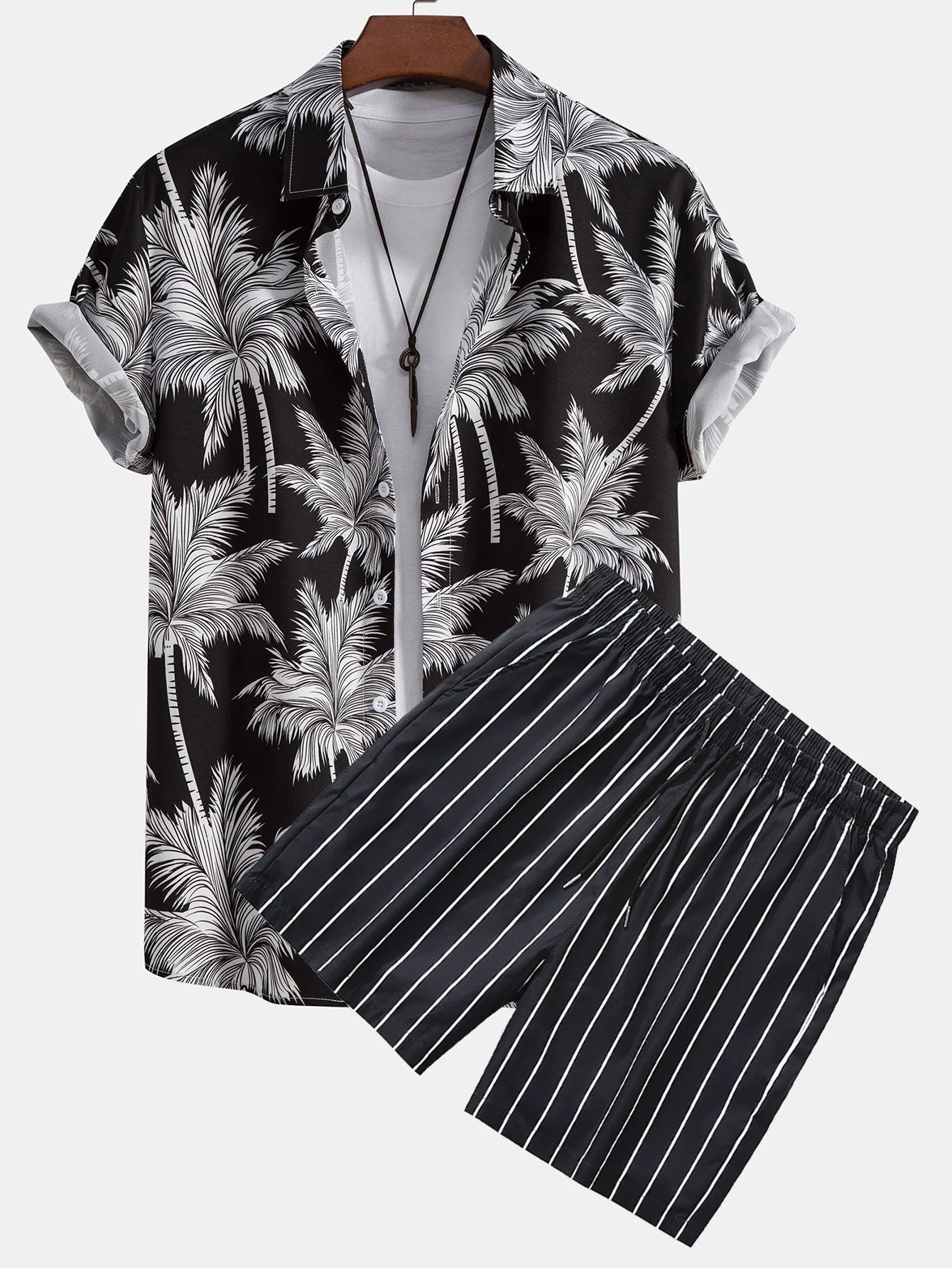 Gaudencio® | Palm Tree Print Button Up Shirt & Striped Swim Shorts - Image 2