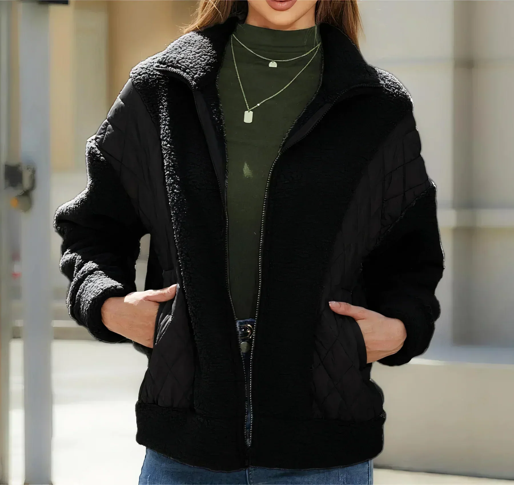 Genaro | Women's zip-up sherpa jacket with quilted details - Image 2
