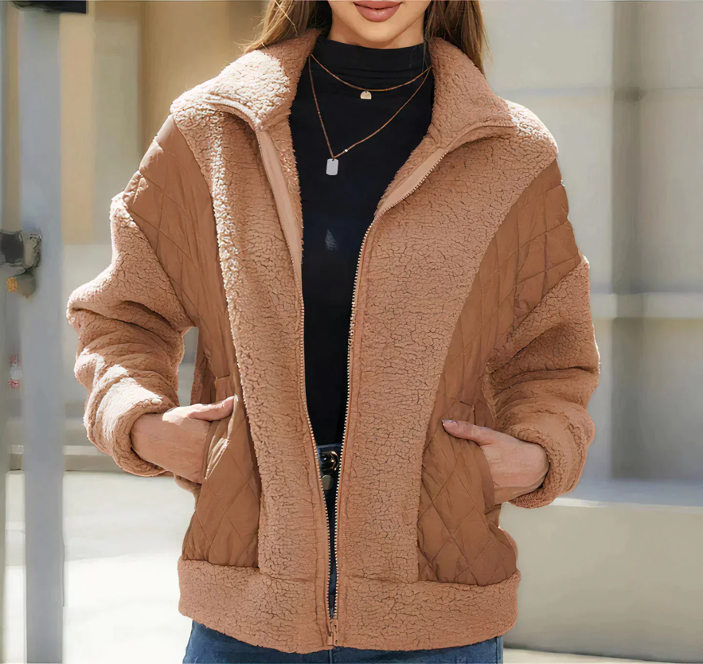 Genaro | Women's zip-up sherpa jacket with quilted details - Image 3