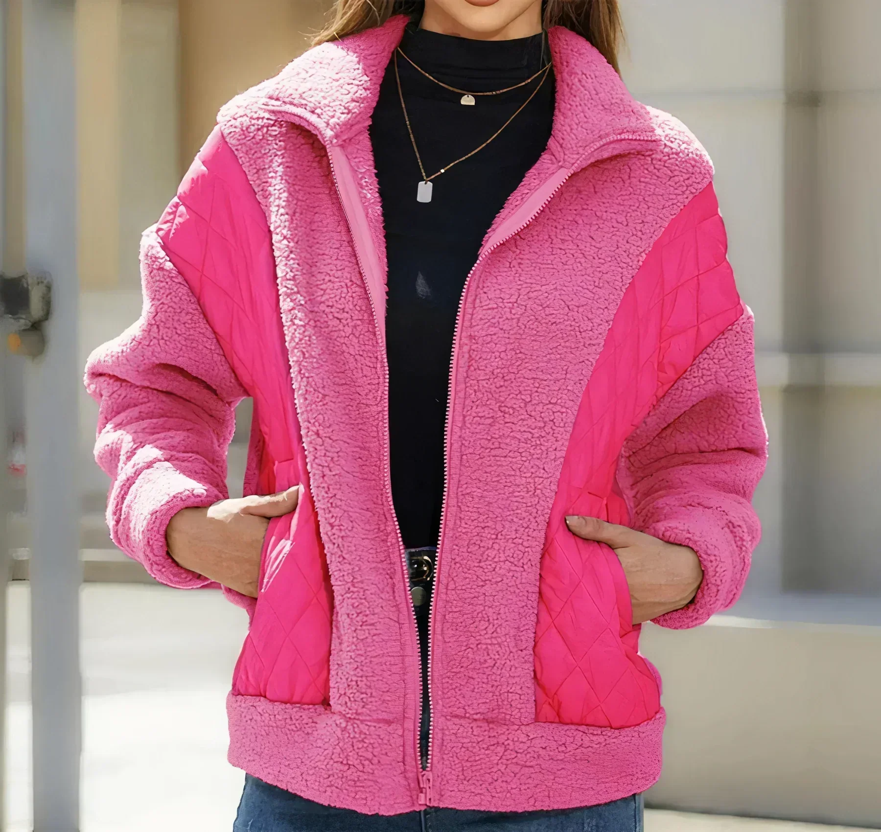 Genaro | Women's zip-up sherpa jacket with quilted details - Image 5
