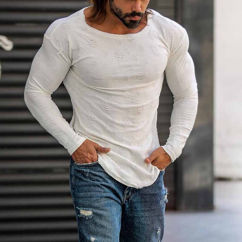 George | Men'S Casual Solid Color Ripped Long Sleeve T-Shirt - Image 2