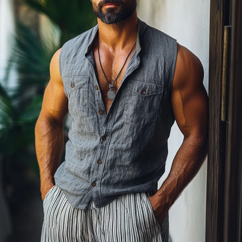 Gerald | Men'S Casual Solid Color Breathable Linen Lapel Chest Pocket Sleeveless Shirt - Image 2