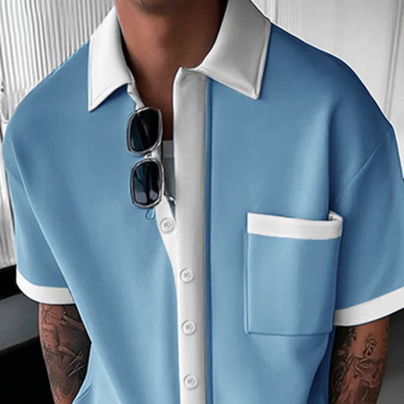 Gerardo | Men'S Casual Cotton Blended Colorblock Lapel Patch Pocket Loose Short Sleeve Shirt Elastic Waist Trousers Set - Image 2