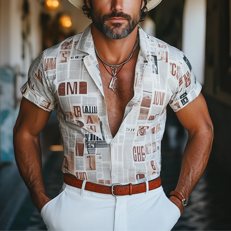 Glenn | Men'S Summer Fashion Newspaper Printed Short Sleeve Shirt - Image 2