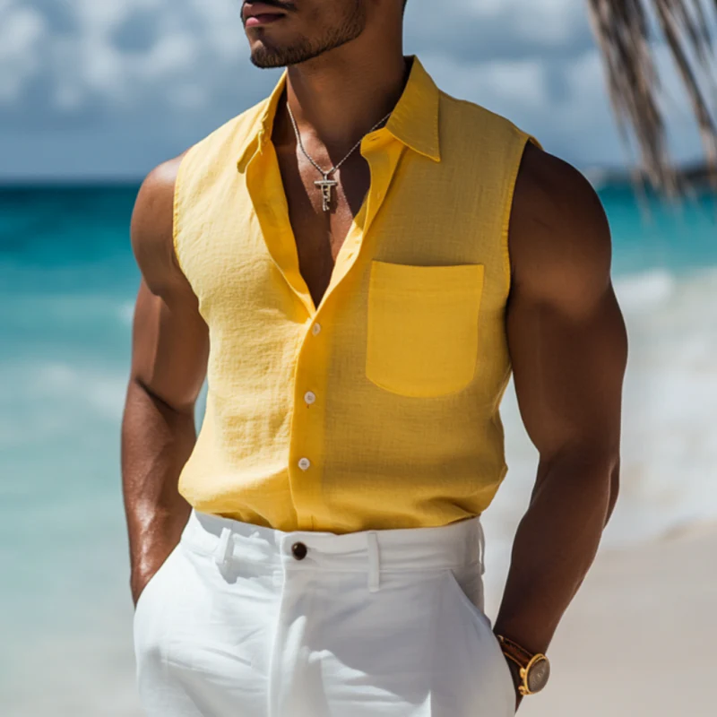 Gordon | Men'S Casual Solid Color Breathable Linen Lapel Patch Pocket Sleeveless Shirt - Image 2