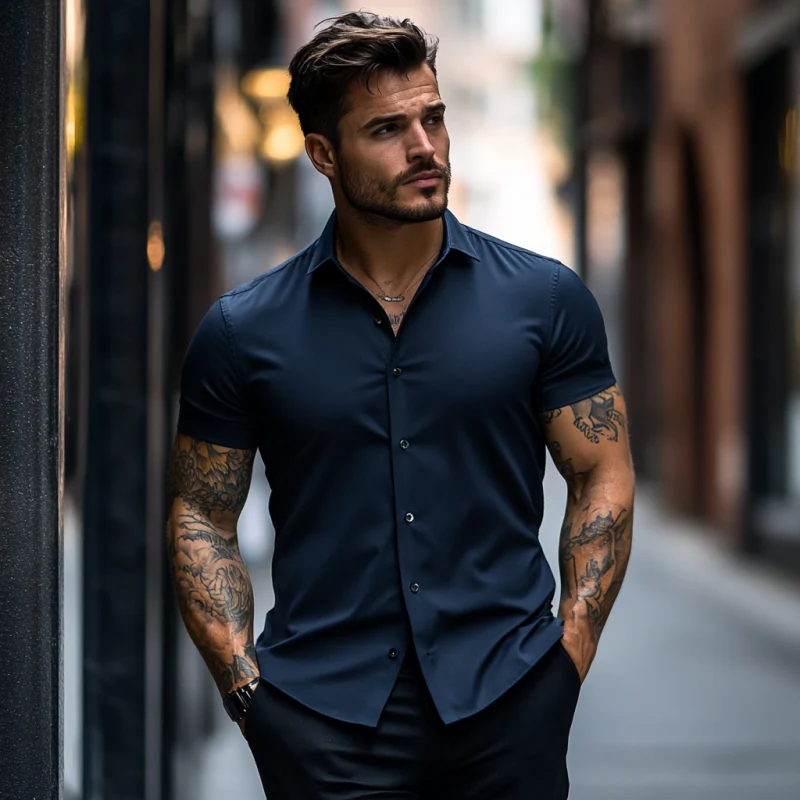 Graham | Men'S Casual Soft Breathable Cotton Lapel Slim Fit Short Sleeve Shirt - Image 8