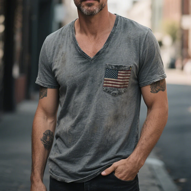 Graham | Men'S Retro Casual Flag Print V-Neck Short Sleeve T-Shirt - Image 3