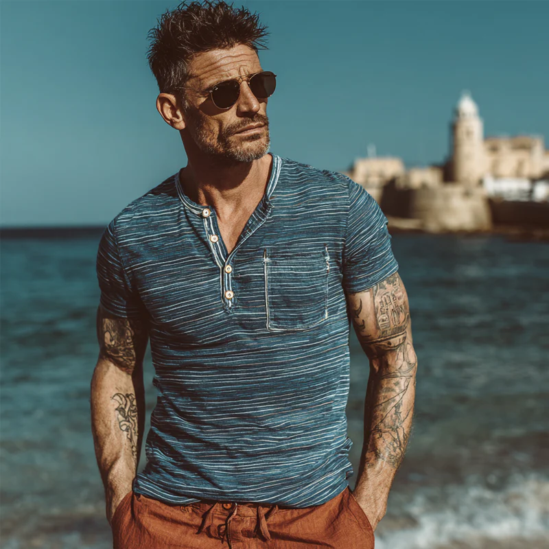 Grant | Men'S Stripe Print Henley Neck Short Sleeve T-Shirt - Image 2