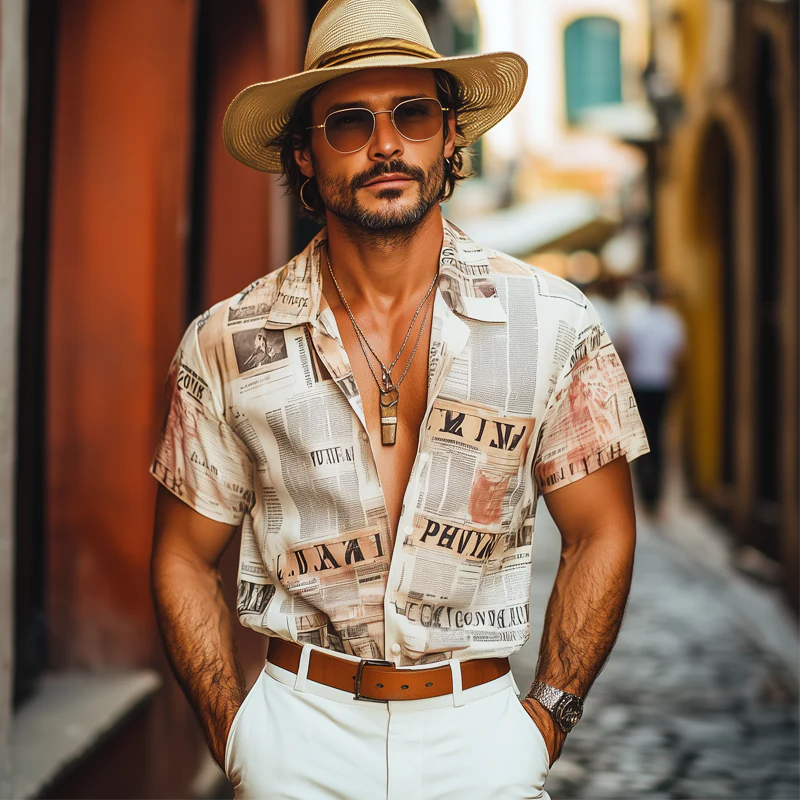 Grant | Men'S Summer Fashion Newspaper Printed Short Sleeve Shirt - Image 3