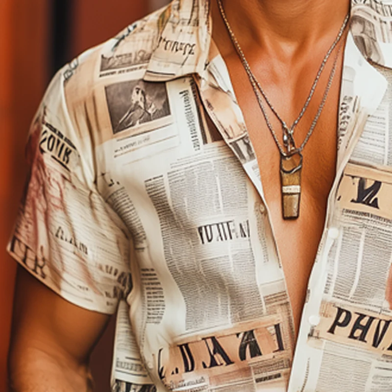 Grant | Men'S Summer Fashion Newspaper Printed Short Sleeve Shirt - Image 4