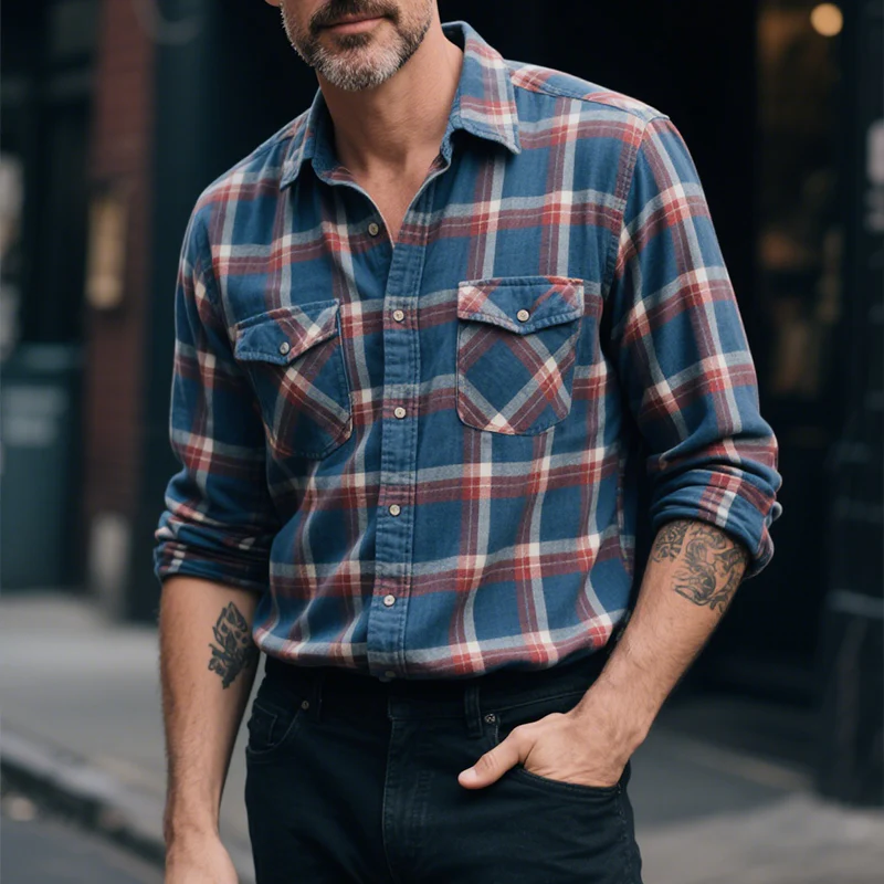 Greg | Men'S Retro Casual Plaid Print Pocket Lapel Long Sleeve Shirt - Image 2