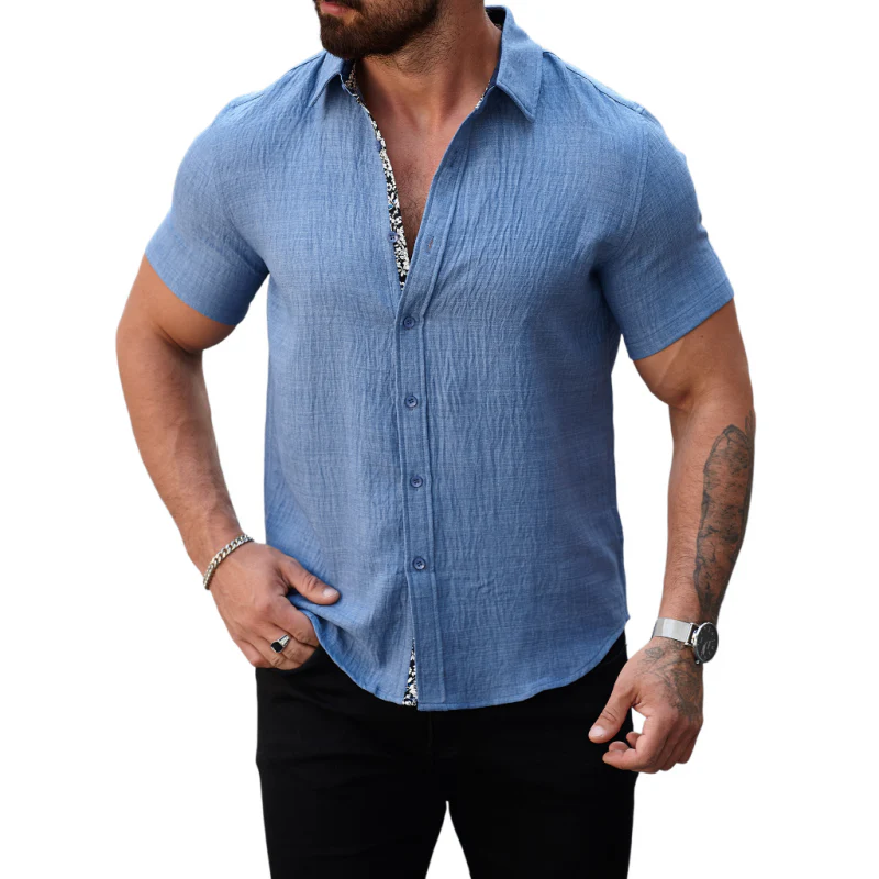 Gregory | Men'S Casual Cotton Linen Pleated Colorblock Lapel Slim Fit Short Sleeve Shirt - Image 2