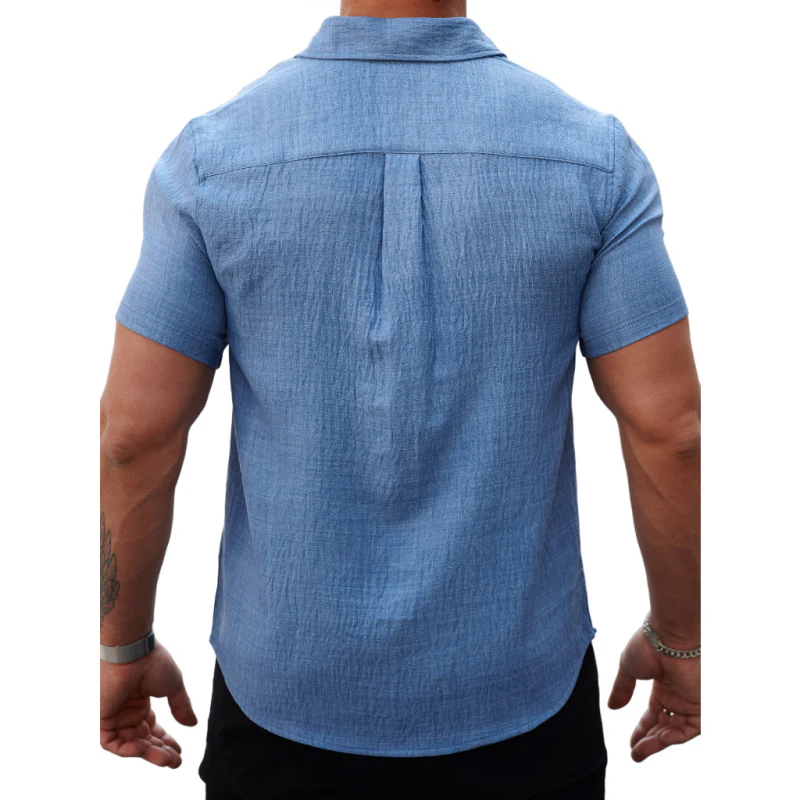 Gregory | Men'S Casual Cotton Linen Pleated Colorblock Lapel Slim Fit Short Sleeve Shirt - Image 3