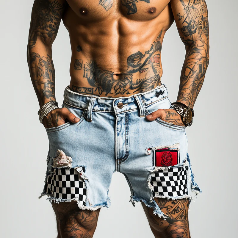 Gregory | Men'S Ripped Check Denim Shorts - Image 2