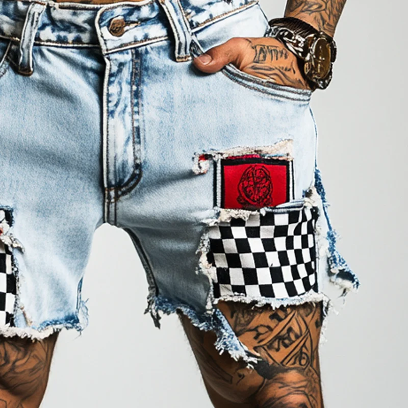 Gregory | Men'S Ripped Check Denim Shorts - Image 3