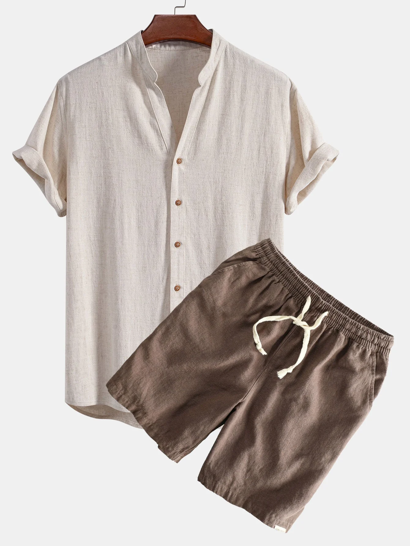 Gualterio® | Short Sleeve V Neck Linen Rayon Blend Shirt & Linen Cotton Blend Drawstring Shorts - Image 4