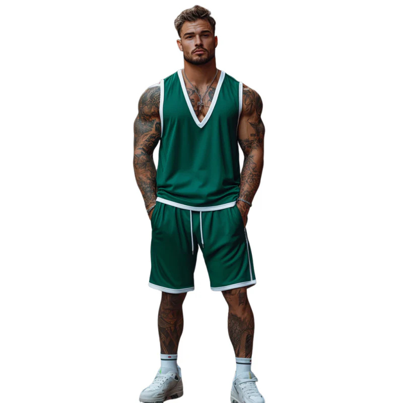 Guillermo | Men'S Casual Colorblock Cotton V-Neck Tank Top Elastic Waist Shorts Sports Set - Image 2